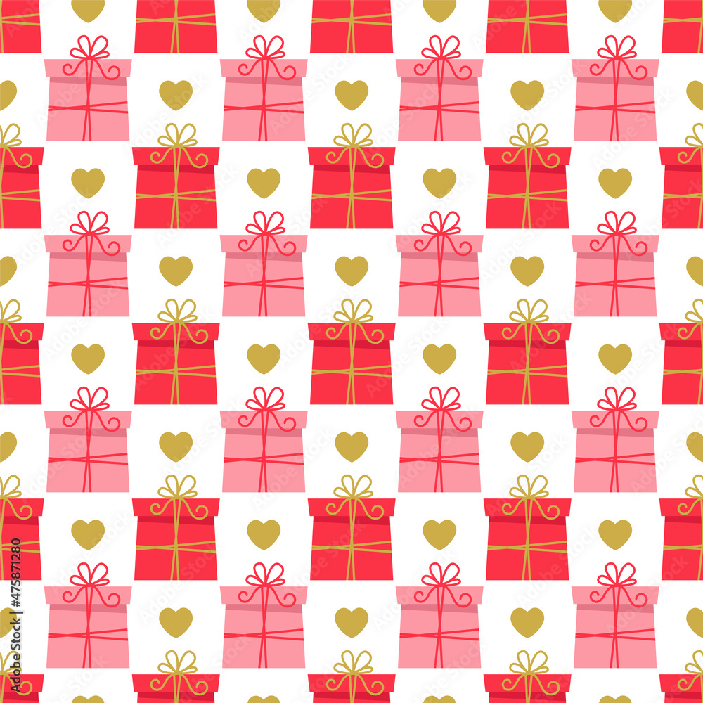 Print with gifts box and hearts. Cute seamless pattern for valentine's day design, birthday background, invitation, wallpaper, wrapping paper. Vector illustration Print with gifts box and hearts. Cute seamless pattern for valentine's day design, birthday background, invitation, wallpaper, wrapping paper. Vector illustration