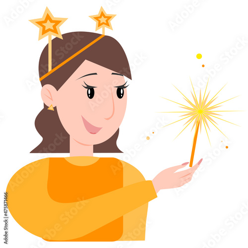 Vector illustration of a young brunette with a headband and a sparkler in her hands. The girl has a festive mood. Sparkler.