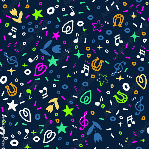 seamless pattern with musical notes, treble clef and stars