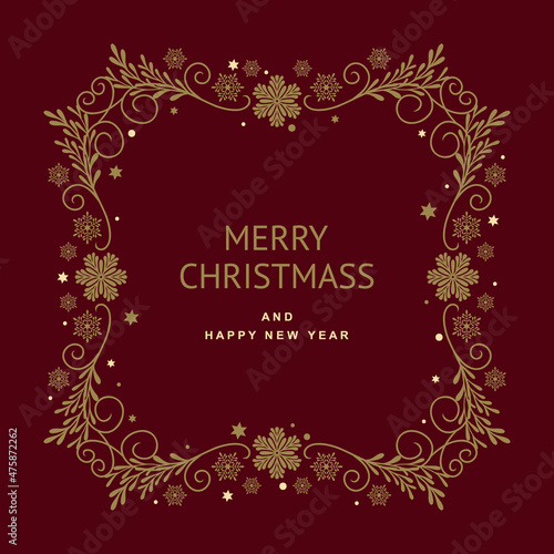 Merry Christmas festive greeting card with gold frame and snowflakes on red background. Vector illustration