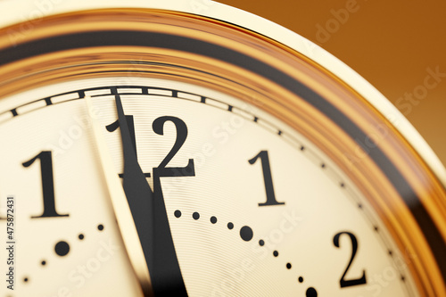 3d illustration close up of antique golden round clock on orange isolated background. Stopwatch icon, logo. Chronometer, vintage timer