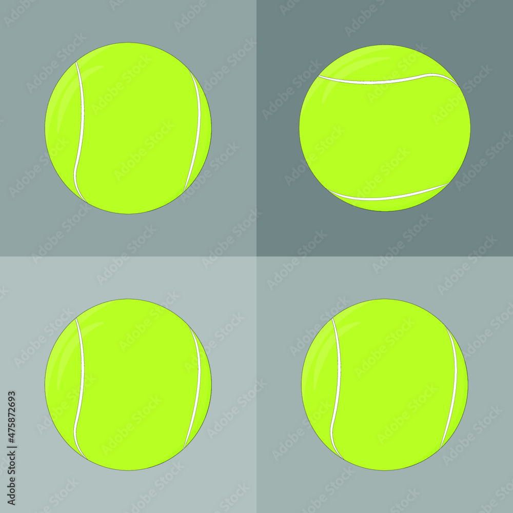 Set of vector brown multicolored tennis balls on a gray  background. Set of bright balls, sports equipment