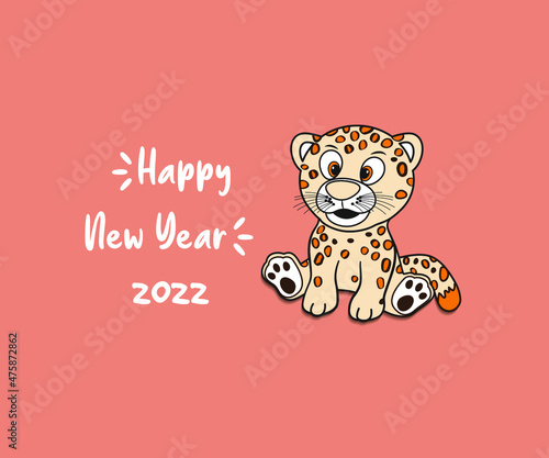 A vector  illustration of a young leopard tiger  yellow-orange with black dot pattern  sitting on pastel orange background with text happy new year 2022
