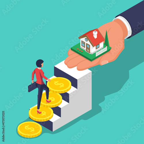 Woman invests in housing. Payment for the house. Money ladder as a metaphor. Purchase of an apartment. Buying a property. Vector illustration isometric design style. Template for sale, rental home.