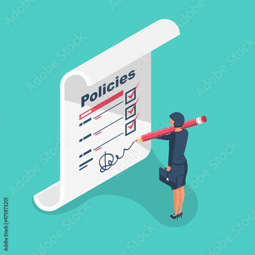 Clipboard with a sheet policies. Write a safety form. Document protection. Pencil in the hands of a businesswoman. Vector illustration flat design.