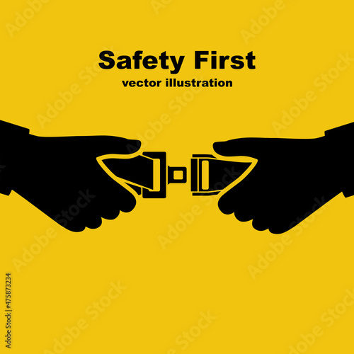 Black icon seat belt. Safety First concept. Man fasten buckle hands. Safety of movement on car, airplane. Vector illustration flat design. Isolated background. Protection driver and passengers.