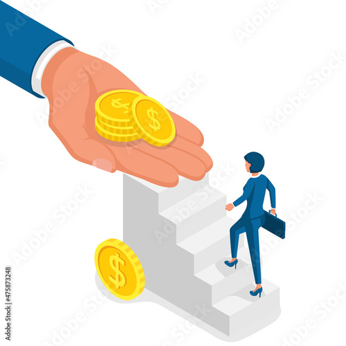 Salary payment. The head pays the employee wages. Payroll concept. Woman climbs the stairs. Vector illustration isometric 3d design. Isolated on white background.