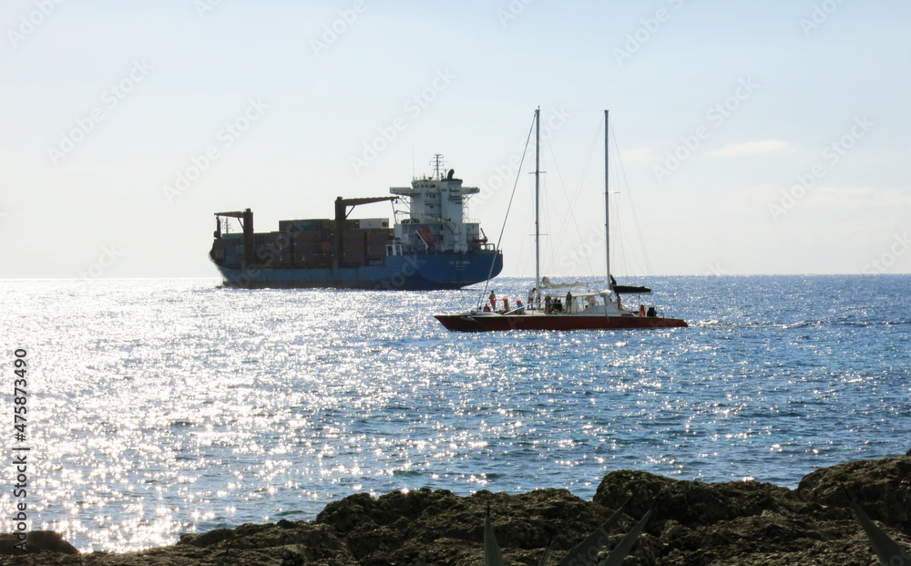 Cargo Ship and Sailing Boat, Barbados, Caribbean Cargo Ship and Sailing Boat, Barbados, Caribbean