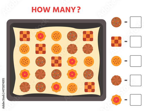 A game for children. Learning to count. Count the cookies on the baking sheet. Wind illustration. Print Worksheet