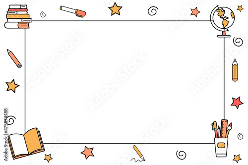 Frame, border for school schedule, award diploma, calendar. School supplies, stationery for design, decoration of leaflets, notebooks, web pages. Back to school. Colored doodles. Vector illustration