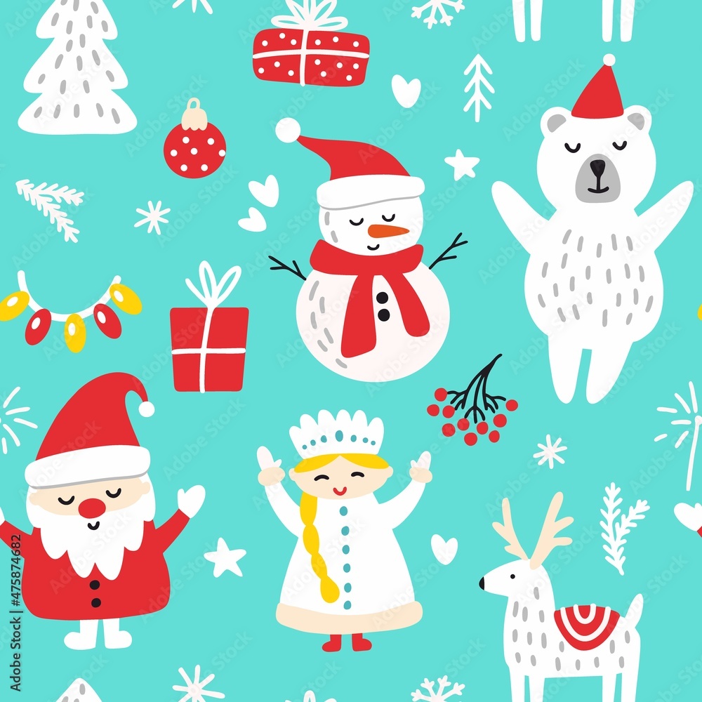 Vector illustration of Santa Claus and snow maiden with a snowman and gifts. Vector illustration of Santa Claus and snow maiden with a snowman and gifts.