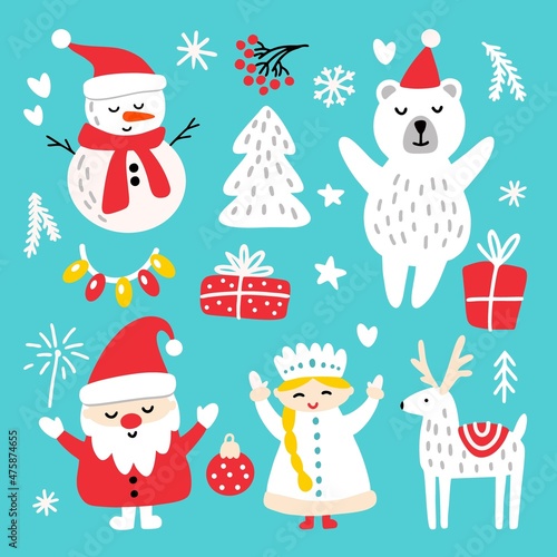 Vector illustration of Santa Claus and snow maiden with a snowman and gifts.