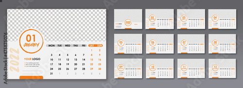 New year 2022 calendar planner set vector template design for stationery business. Week starts on Monday.