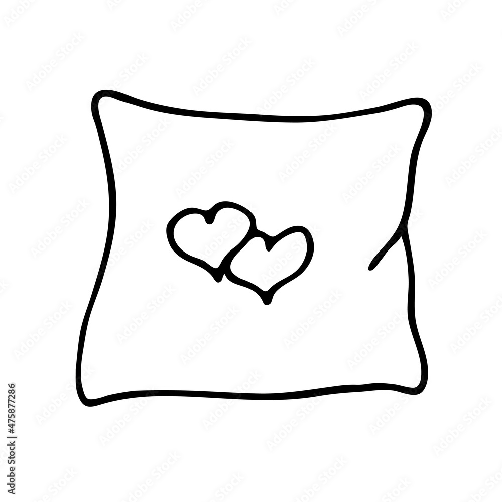 A pillow with the inscription love. Doodle style. A symbol of love and St. Valentine's Day. Vector image with a black outline with a red inscription. For congratulations and illustrations