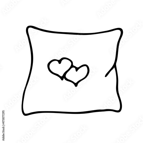 A pillow with the inscription love. Doodle style. A symbol of love and St. Valentine's Day. Vector image with a black outline with a red inscription. For congratulations and illustrations