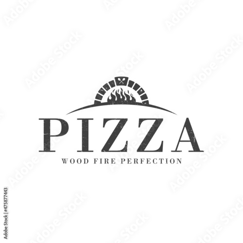 Pizzeria logo with oven shovel. Wood fired pizza on white background