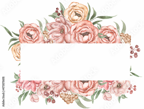 Pink Flowers and berries wreath Clipart, Watercolor Caramel flowers and greenery frame illustration, Vintage florals frame illustration, Rustic Thanksgiving border, Logo, template