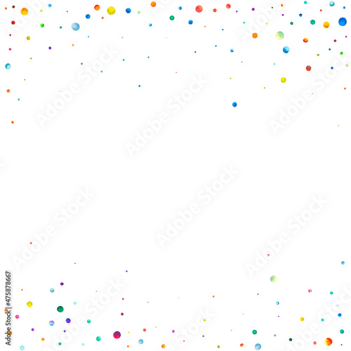 Watercolor confetti on white background. Actual rainbow colored dots. Happy celebration square colorful bright card. Sublime hand painted confetti.