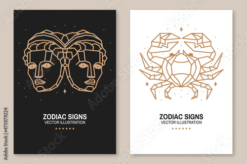 Set of Zodiac astrology horoscope signs gemini and cancer flyer, brochure, banner, poster. Vector illustration. Elegant line art symbol or icon of gemini, cancer esoteric zodiacal horoscope templates