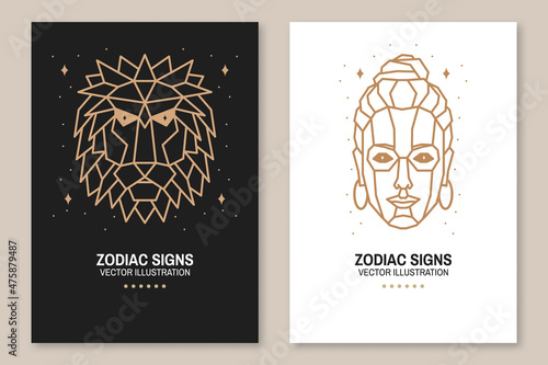 Set of Zodiac astrology horoscope signs leo and virgo flyer, brochure, banner, poster. Vector illustration. Elegant line art symbol or icon of leo, virgo esoteric zodiacal horoscope templates for logo