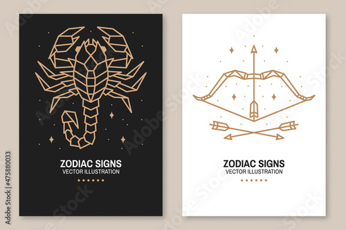 Set of Zodiac astrology horoscope signs scorpio and sagittarius flyer, brochure, banner, poster. Vector illustration. Elegant line art symbol or icon of scorpio, sagittarius esoteric zodiacal