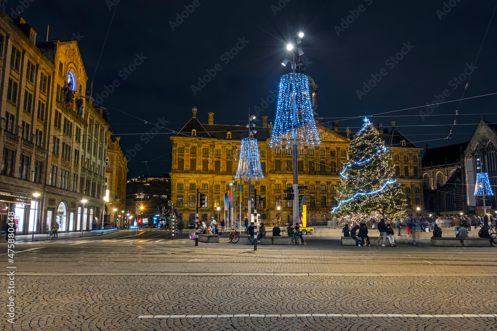 Christmas in on the Dam square in Amsterdam the Netherlands at night