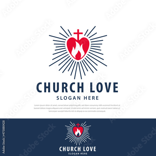 Cross church love heart ray logo design, abstract religious holy fire, love heart logo, Christian churches and organizations