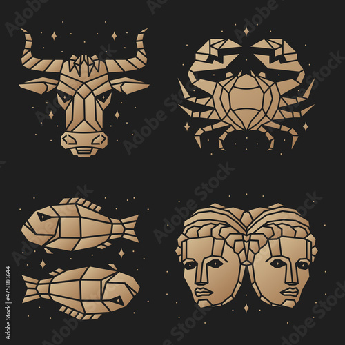 Set of zodiac astrology horoscope sign taurus, gemini, pisces, cancer design. Vector illustration. Elegant symbol or icon of taurus, gemini, pisces, cancer esoteric zodiacal horoscope templates for