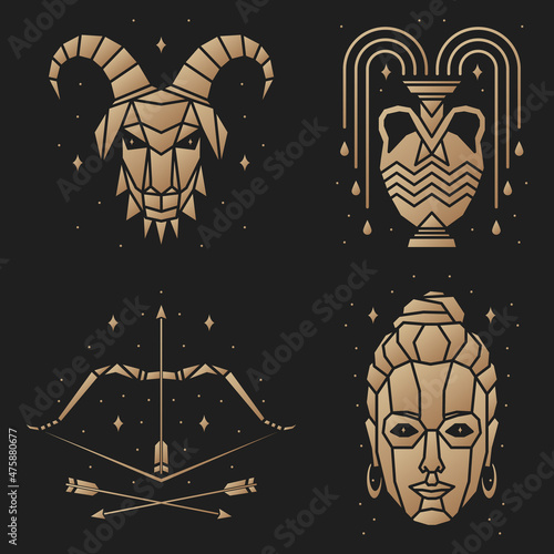 Set of zodiac astrology horoscope sign aquarius, sagittarius, capricorn, virgo design. Vector illustration. Elegant symbol or icon of aquarius, sagittarius, capricorn, virgo esoteric zodiacal