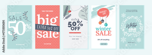 Winter sale. Vector illustrations for web and social media sale banners, shopping and e-commerce, store branding, sale tags and coupons, product promotion, marketing.