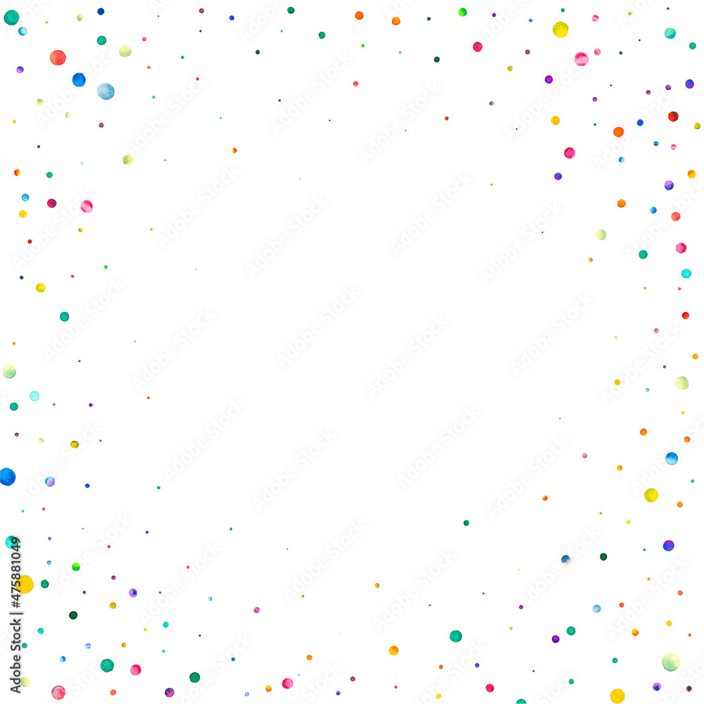 Watercolor confetti on white background. Adorable rainbow colored dots. Happy celebration square colorful bright card. Extraordinary hand painted confetti.