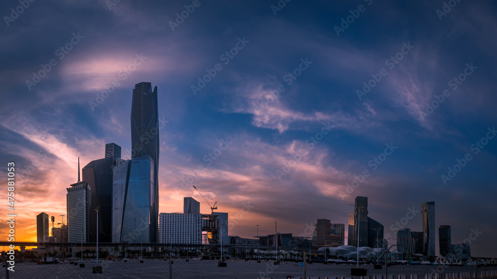 Sunset over the King Abdullah Financial District in the capital, Riyadh, Saudi Arabia. Large buildings equipped with the latest technologies