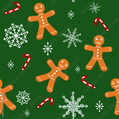 Cute pattern with gingerbread man, white icing. Snowflakes, candy cane, snow on green background. Christmas smiling cookie. Vector Illustration