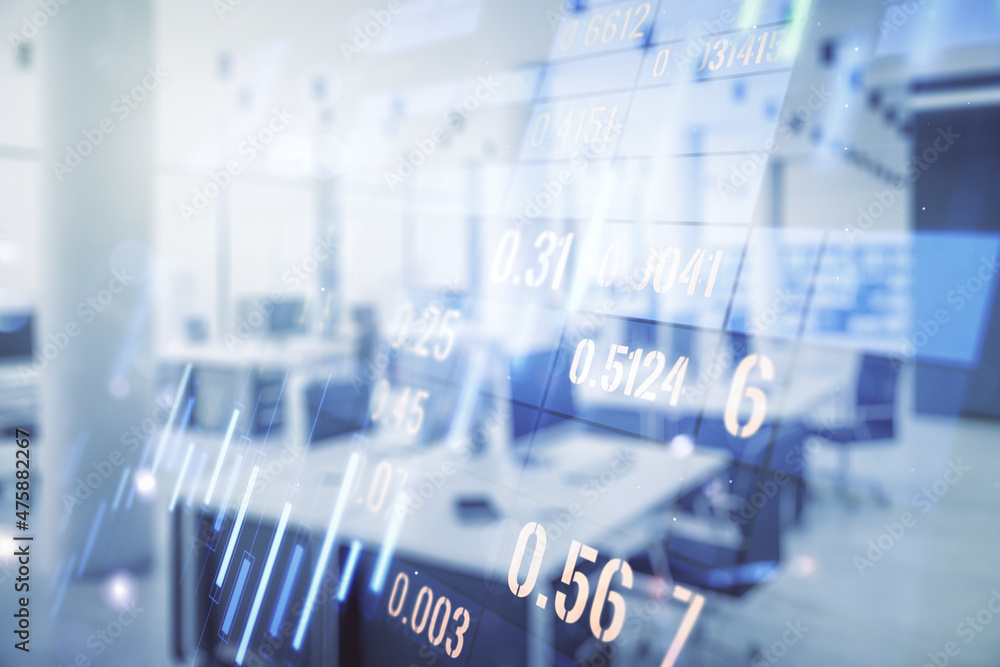 Multi exposure of virtual abstract financial diagram on a modern furnished office interior background, banking and accounting concept Multi exposure of virtual abstract financial diagram on a modern furnished office interior background, banking and accounting concept