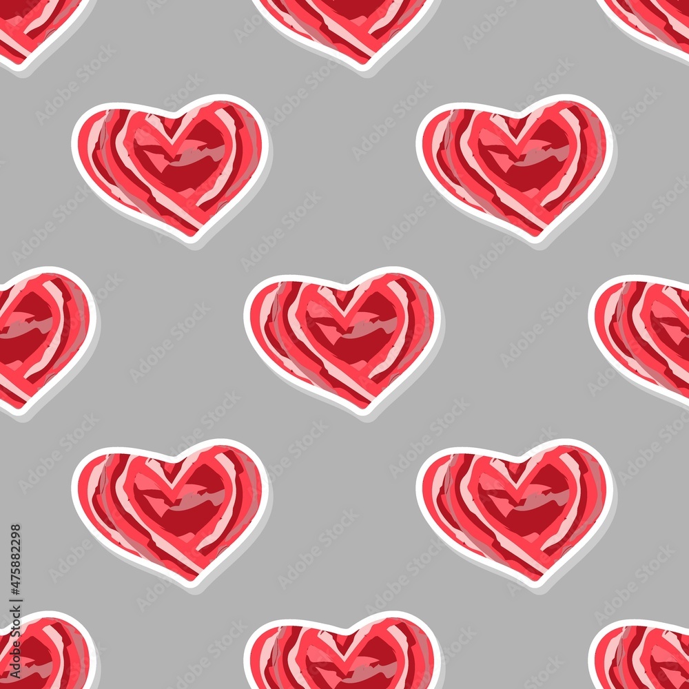  Red pink hearts on a gray background. Red hearts. Seamless geometric vector pattern. Happy valentine day background. Valentines day attributes.  