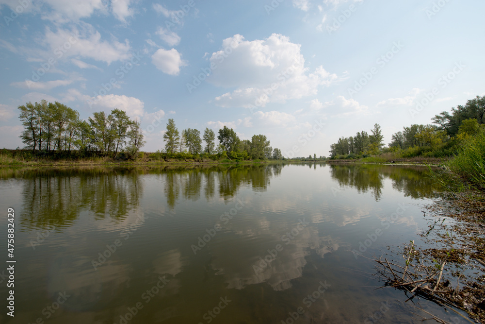 summer, lake before sunset with wooded shores