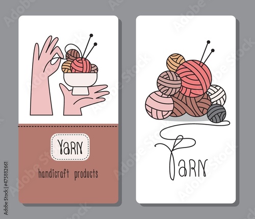 A set of labels, banners for a yarn store. Multicolored skeins of thread, knitting needles for hand knitting.
