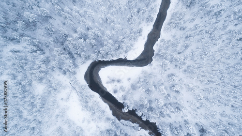 Curvy little river in winter forest. Aerial top down view of snowy forest and treetops covered by snow.