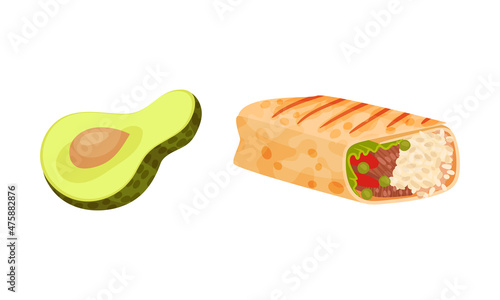 Mexican traditional food set. Burritos corn wrap with lettuce, tomato, rice, meat and avocado vector illustration