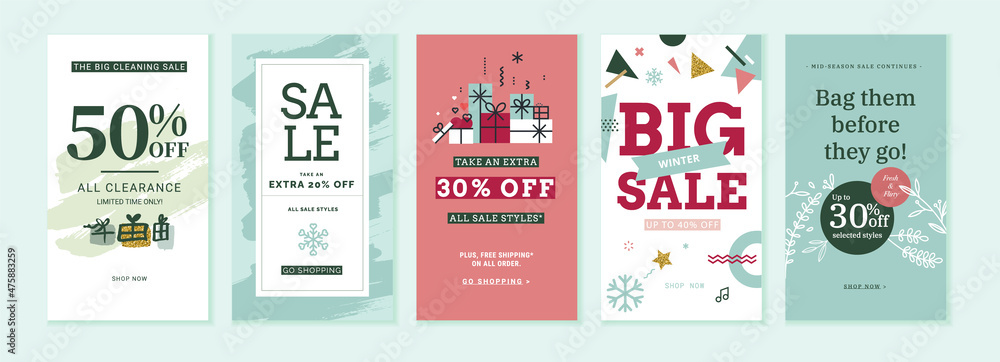 Winter sale. Vector illustrations for web and social media sale banners, shopping and e-commerce, store branding, sale tags and coupons, product promotion, marketing.