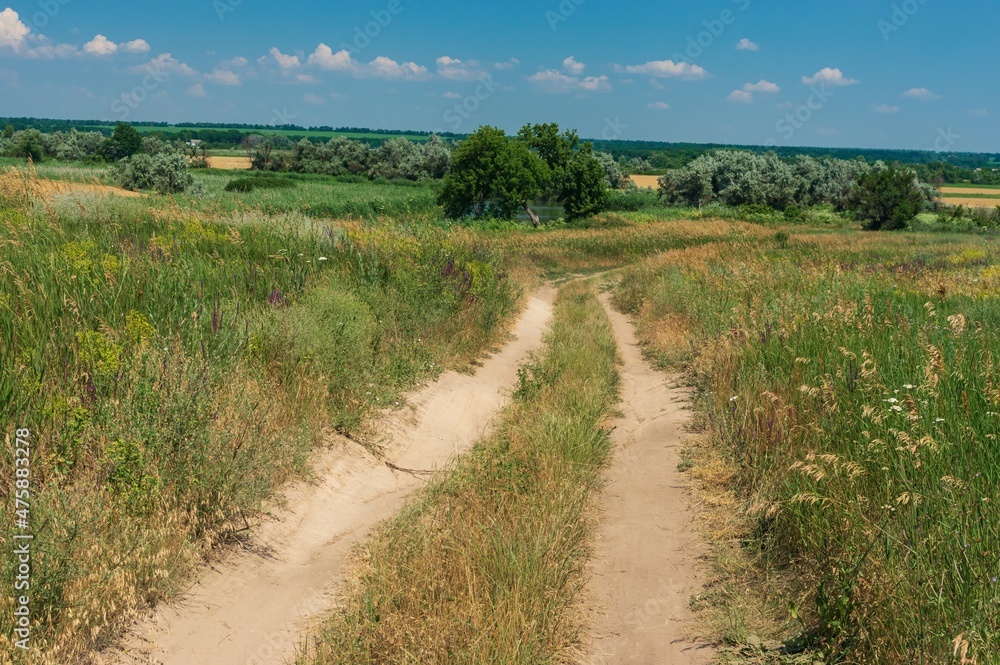 Ukrainian rural landscape with an earth road through meadow to small river Sura at summer season Ukrainian rural landscape with an earth road through meadow to small river Sura at summer season