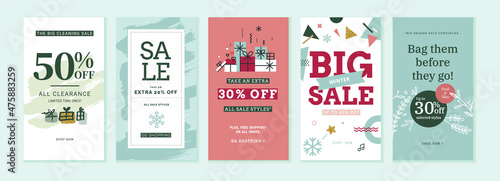 Winter sale. Vector illustrations for web and social media sale banners, shopping and e-commerce, store branding, sale tags and coupons, product promotion, marketing.