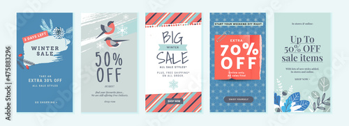 Winter sale. Vector illustrations for web and social media sale banners, shopping and e-commerce, store branding, sale tags and coupons, product promotion, marketing.