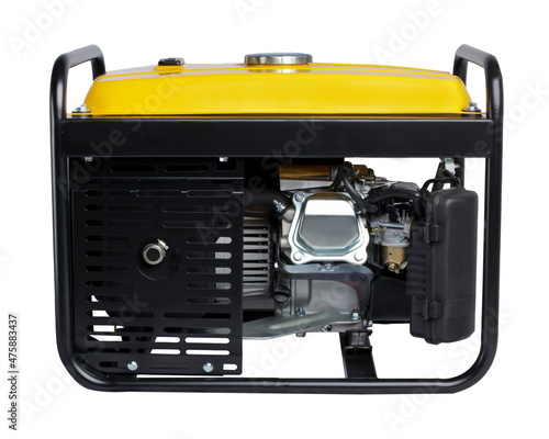 Electric AC generator alternator, isolated on white. Yellow portable benzin generator. Side view.