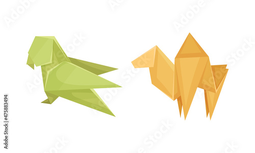 Color origami animals set. Parrot and camel Japanese origami folded toys vector illustration