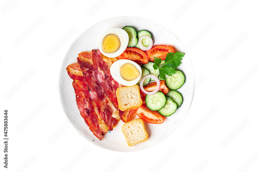 English breakfast eggs, bacon, tomato, cucumber, toast bread healthy meal diet snack on the table copy space food background rustic English breakfast eggs, bacon, tomato, cucumber, toast bread healthy meal diet snack on the table copy space food background rustic