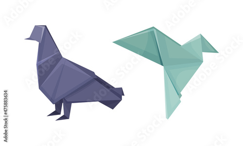 Color origami animals set. Pigeon and hummingbird Japanese origami folded toys vector illustration