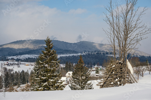 Winter remote alpine mountain village outskirts, countryside hills, groves and farmlands.