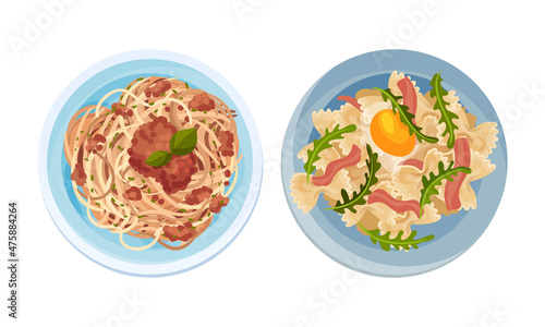 Cooked pasta dishes set. Top view of pasta with bacon, egg and beans served on plates vector illustration