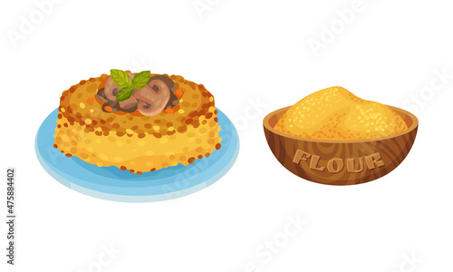 Polenta, traditional Italian cuisine food. Corn flour ingredient for pasta cooking set. vector illustration